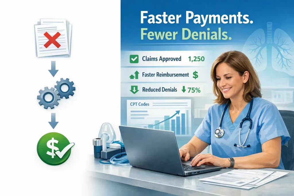 Pulmonary therapy billing workflow optimized for faster payments and reduced claim denials
