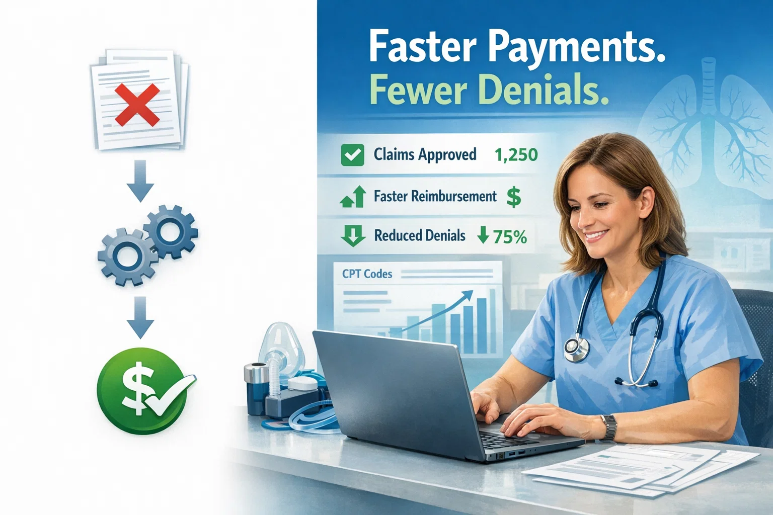 Pulmonary therapy billing workflow optimized for faster payments and reduced claim denials